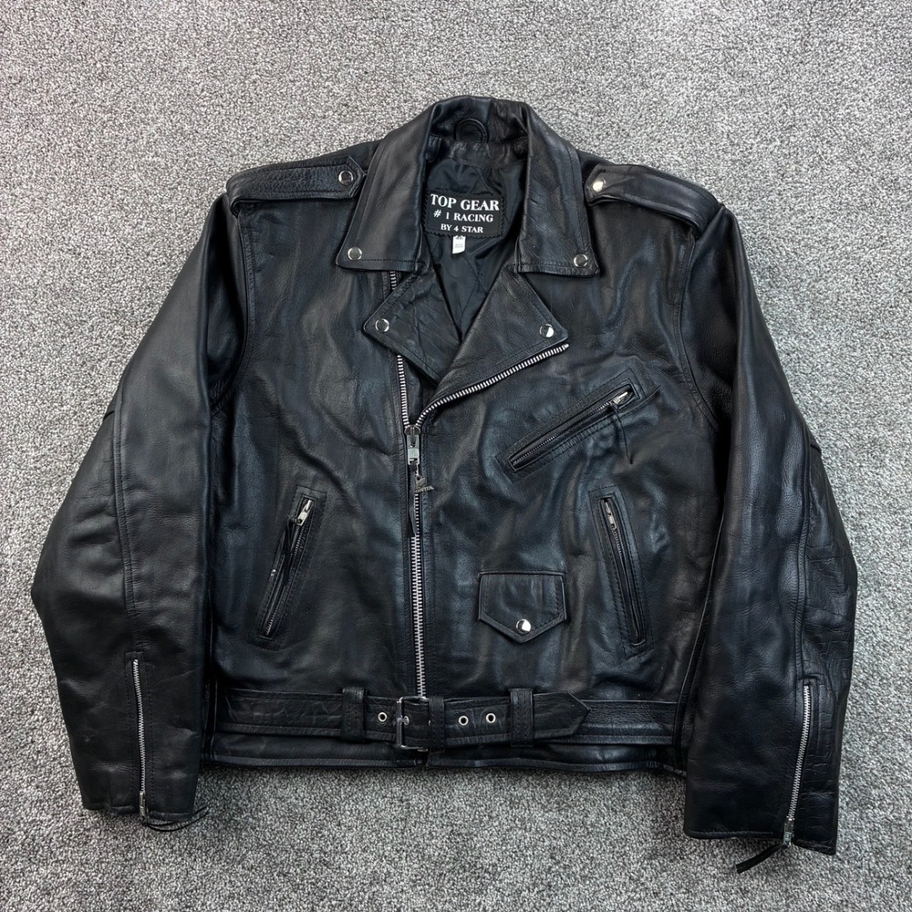 Vintage Top Gear Leather Motorcycle Jacket Mens XL Black Biker Lined Eagle Back